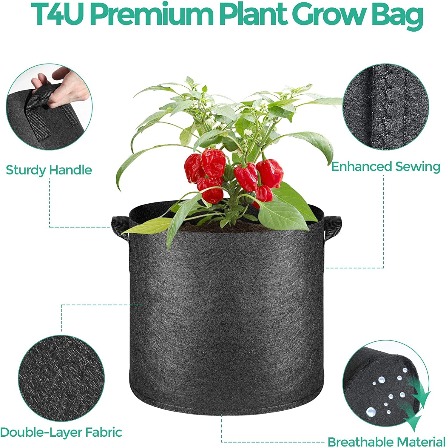 Fabric Plant Grow Bags with Handles 10 Gallon Pack of 5, Heavy Duty Nonwoven Smart Garden Pot Thickened Aeration Nursery Container Black for Outdoor Potato, Tomato, Chili, Carrot and Vegetables