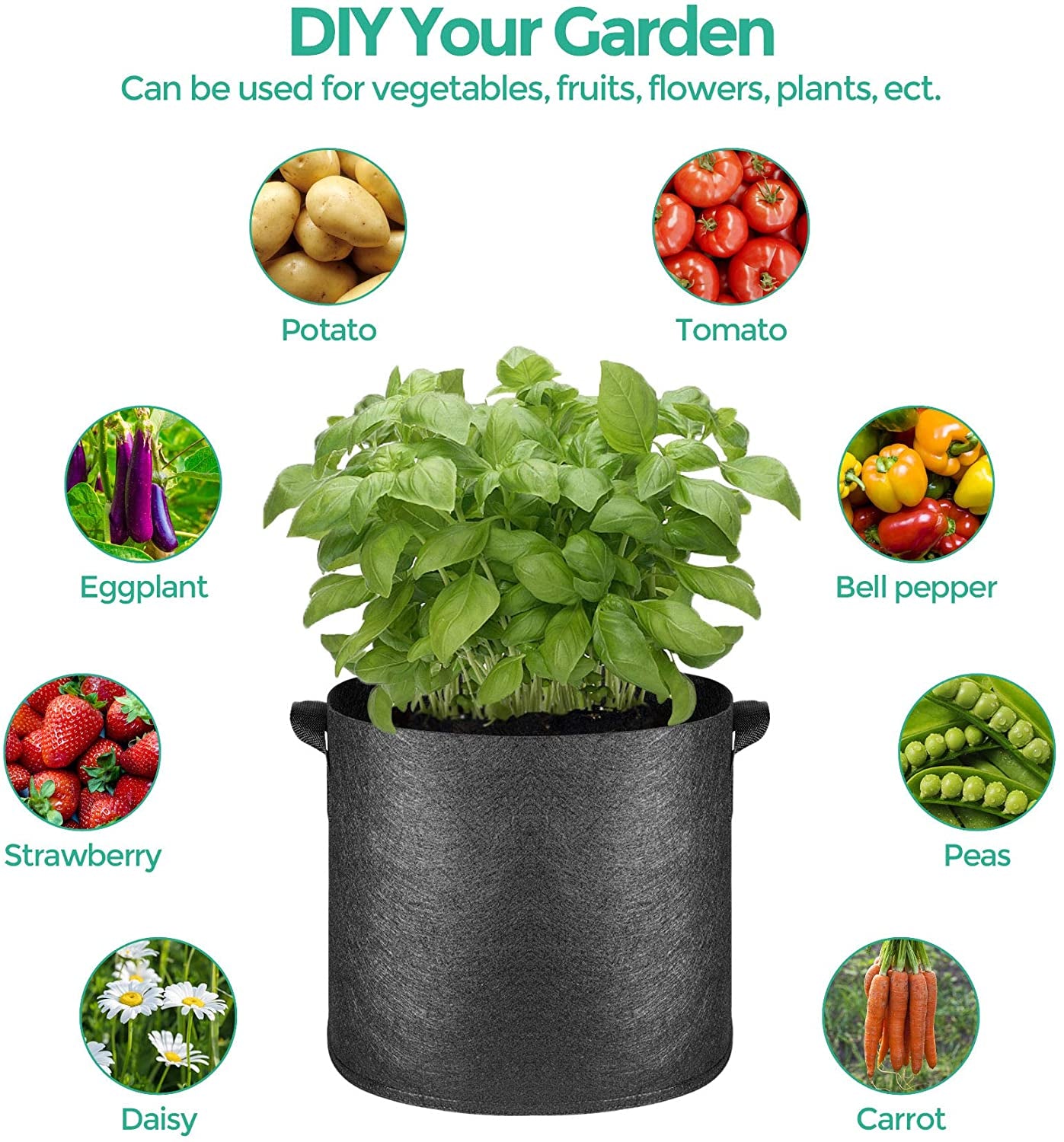 Fabric Plant Grow Bags with Handles 10 Gallon Pack of 5, Heavy Duty Nonwoven Smart Garden Pot Thickened Aeration Nursery Container Black for Outdoor Potato, Tomato, Chili, Carrot and Vegetables