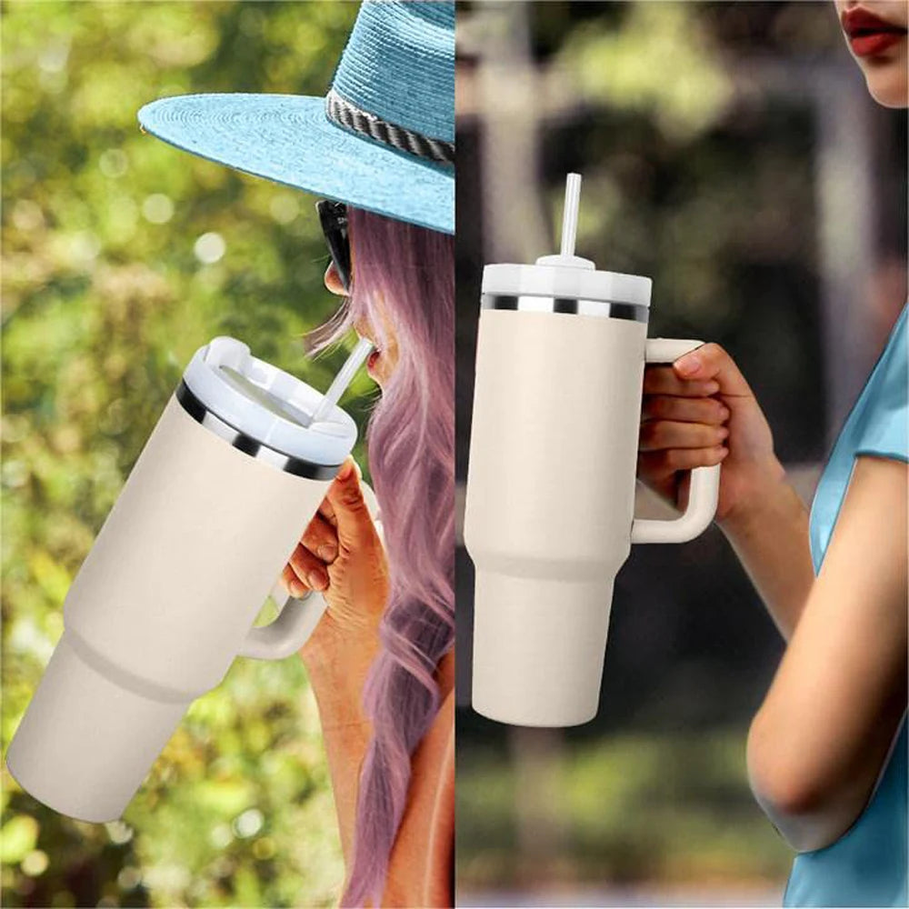 40 Oz Tumbler with Handle Lid and Straw Insulated Stainless Steel Dupe Travel Mug Iced Coffee Cup for Hot and Cold Water 40Oz